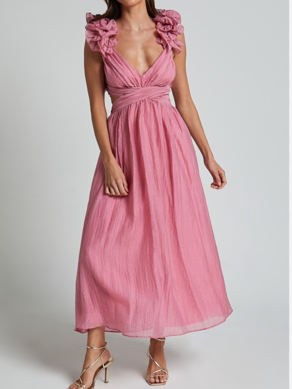 Sweet Pot The Label Pink Ruffle-Shoulder Lace up back Maxi Dress